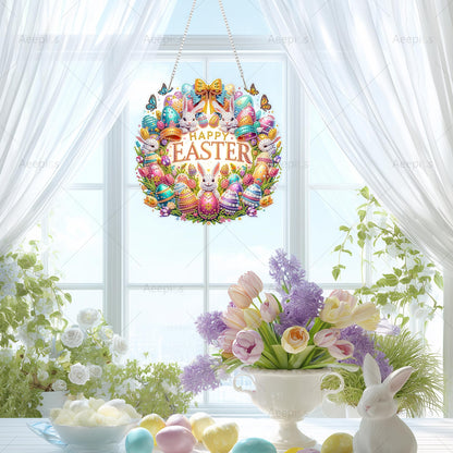 Aeepics Hanging Diamond Art Kit for Adult Easter, DIY Diamonds Painting Pendant Ornament Kit, Acrylic Diamond Art Painting Board Kit (Happy Easter Wreath)