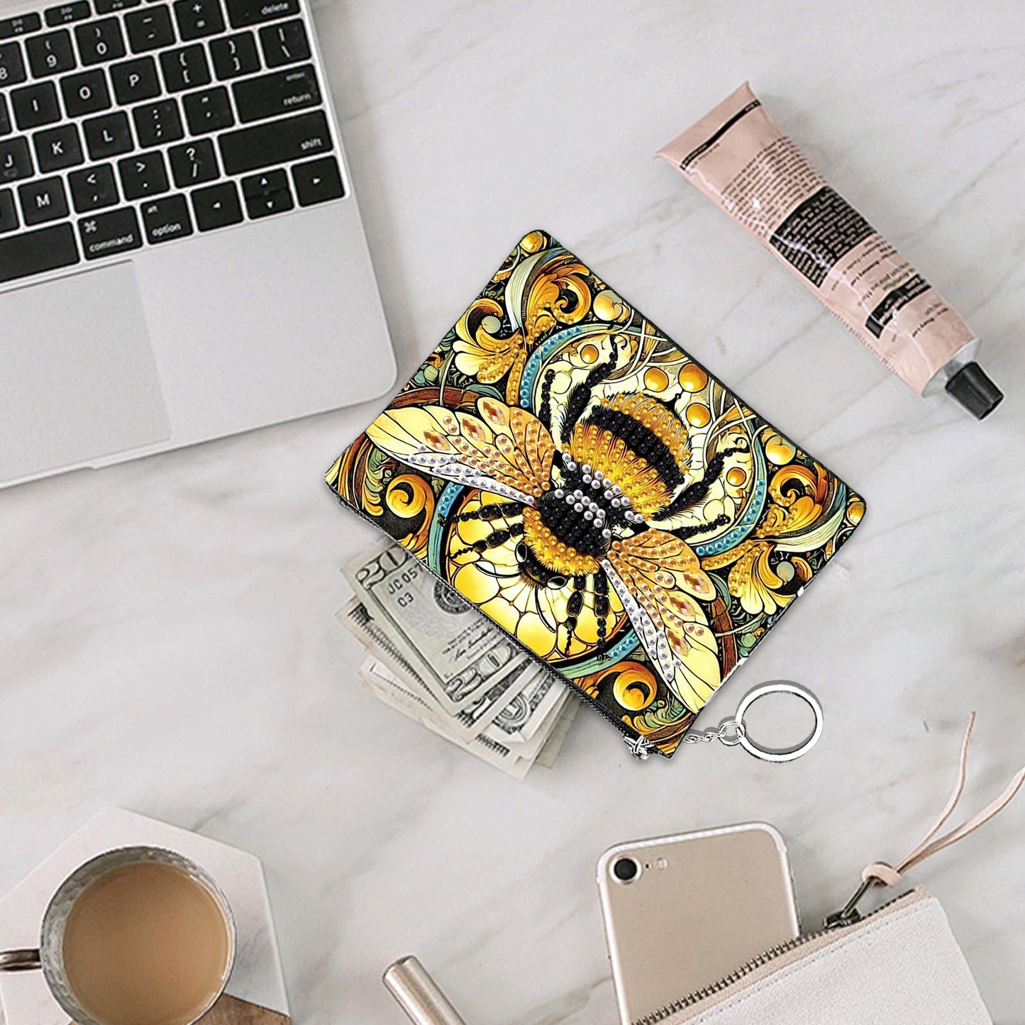 JZHYOAN Diamond Painting Small Coin Purse for Women DIY Coin Pouch Coin Purse with Zipper and Keyring Diamond Art Purses and Wallets Handbags Wallet Keychain for Cards Keys Bee