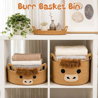 Hkojewp Oval Highland Cute Cow Basket for Nursery, Small Woven Gift Basket, Rope Cotton Storage for Gifts Empty, Baby Shower Blanket 0rganizer with Handles,Towel Decorative Bins, 12"D x 5"H in