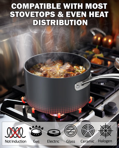 Cooks Standard Classic 1 Quart and 2 Quart Nonstick Saucepan Set with Glass Lids, Hard Anodized Non Stick Sauce Pans, Small Kitchen Cooking Sauce Pots Mini Milk Pans, Dishwasher Safe Cookware, Black
