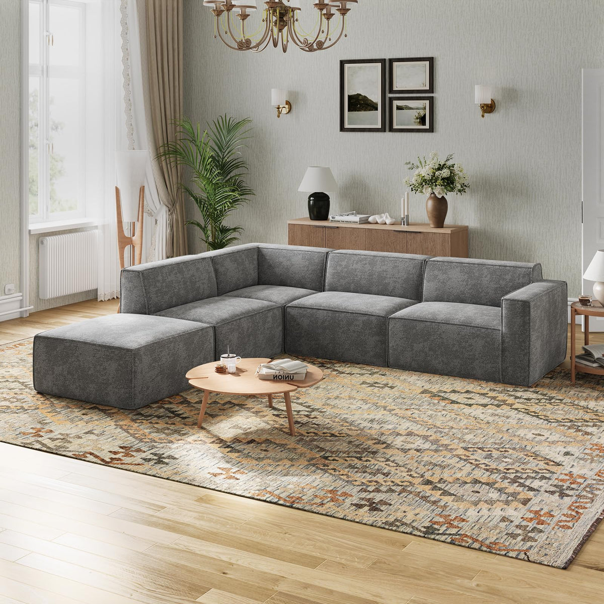 Novilla 109" Modular Sectional Sofa, No Assembly Cloud Sectional Couch with Smarts Coil® Support, Chenille Fabric L Shape Boneless Couch for Living Room Apartment, Dark Gray(R-Arm 4 Seat w/ 1 Ottoman)