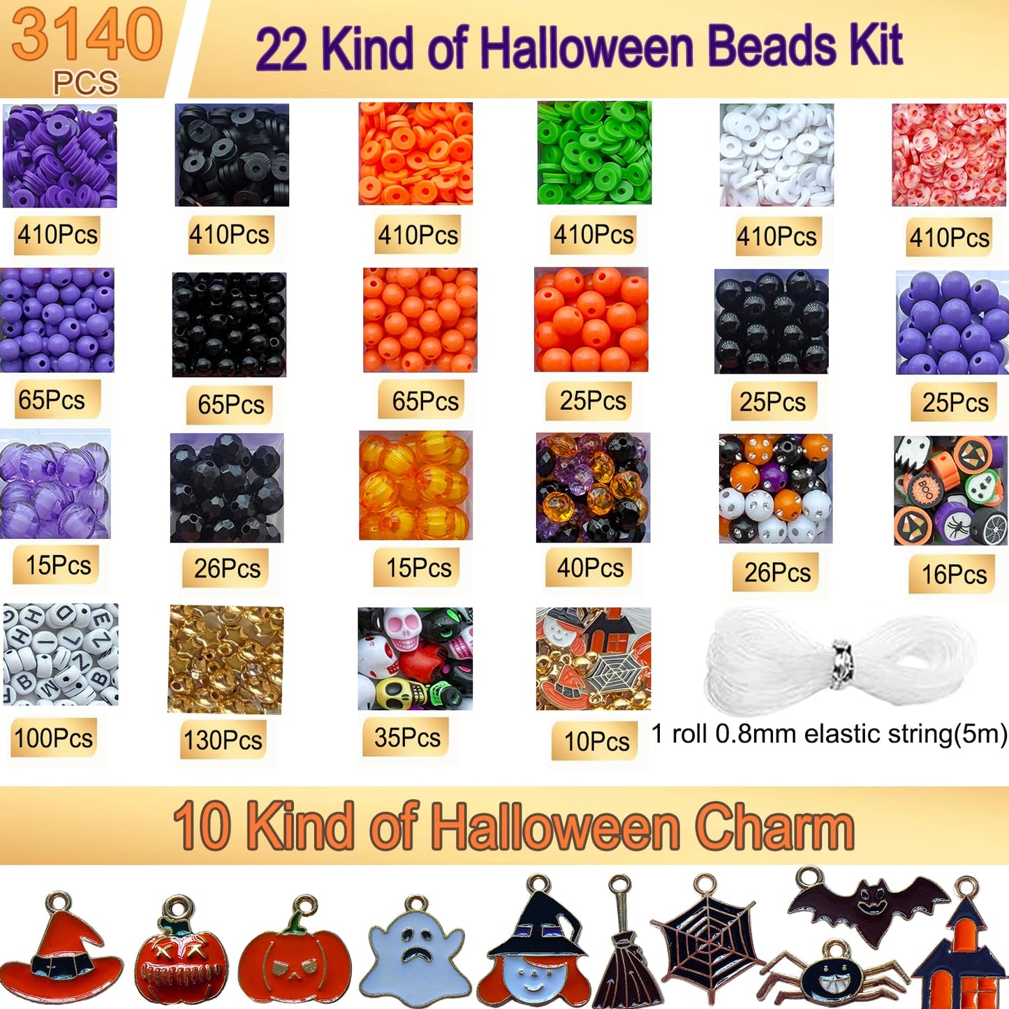 3140Pcs Halloween Beads for Bracelet Jewelry Making Kit, Halloween Clay Beads Black White Orange Purple Pumpkin Round Letter Star Skull Bead Bulk with Ghost Witch Hat Charm for DIY Craft Earring