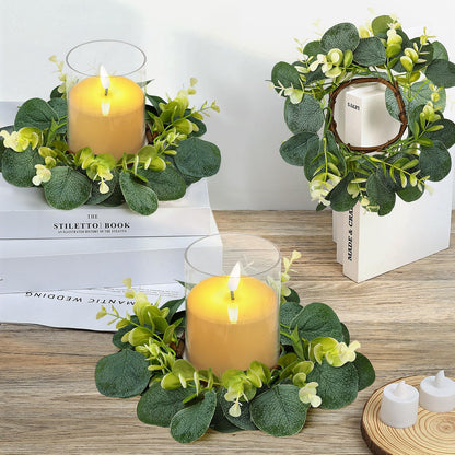 Tobilu 20 PCS Eucalyptus Candle Rings Wreaths - Artificial Greenery Wreath Green Leaves Pillar Candle Holder for Tabletop Wall Farmhouse Wedding Table Centerpieces Kitchen Home Decor