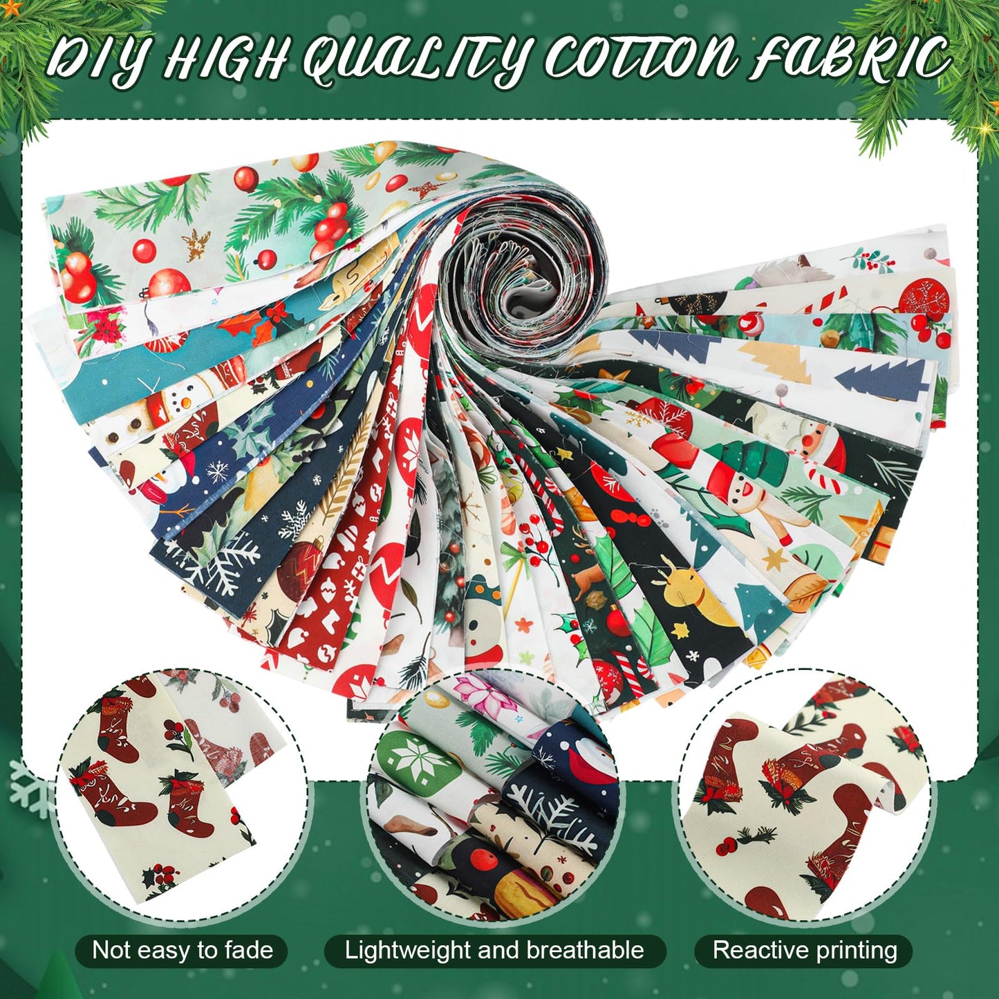 Hahafelt 60 Pcs Fabric Strips for Quilting 2.6 x 40" Floral Cotton Fabric Bundles Precut Patchwork for Gift Sewing DIY Crafts(Winter)