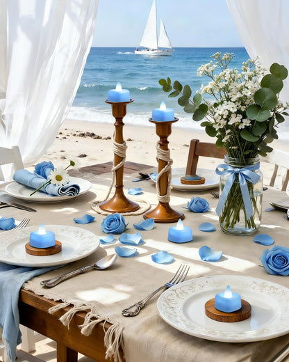 Amagic 1000 Pieces Light Blue Artificial Rose Petals with 12 Light Blue LED Tea Lights, Rose Petals and Candles Set for Proposal, Anniversary, Romantic Night, Wedding Decor