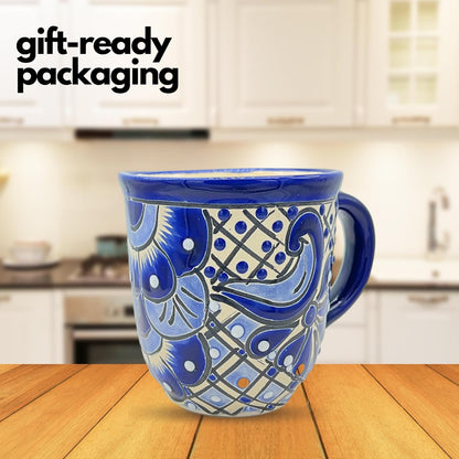 Talavera Mug - Authentic Hand Painted Mexican Coffee Mug - Blue and White - Taza Mexicana Azul Blanco