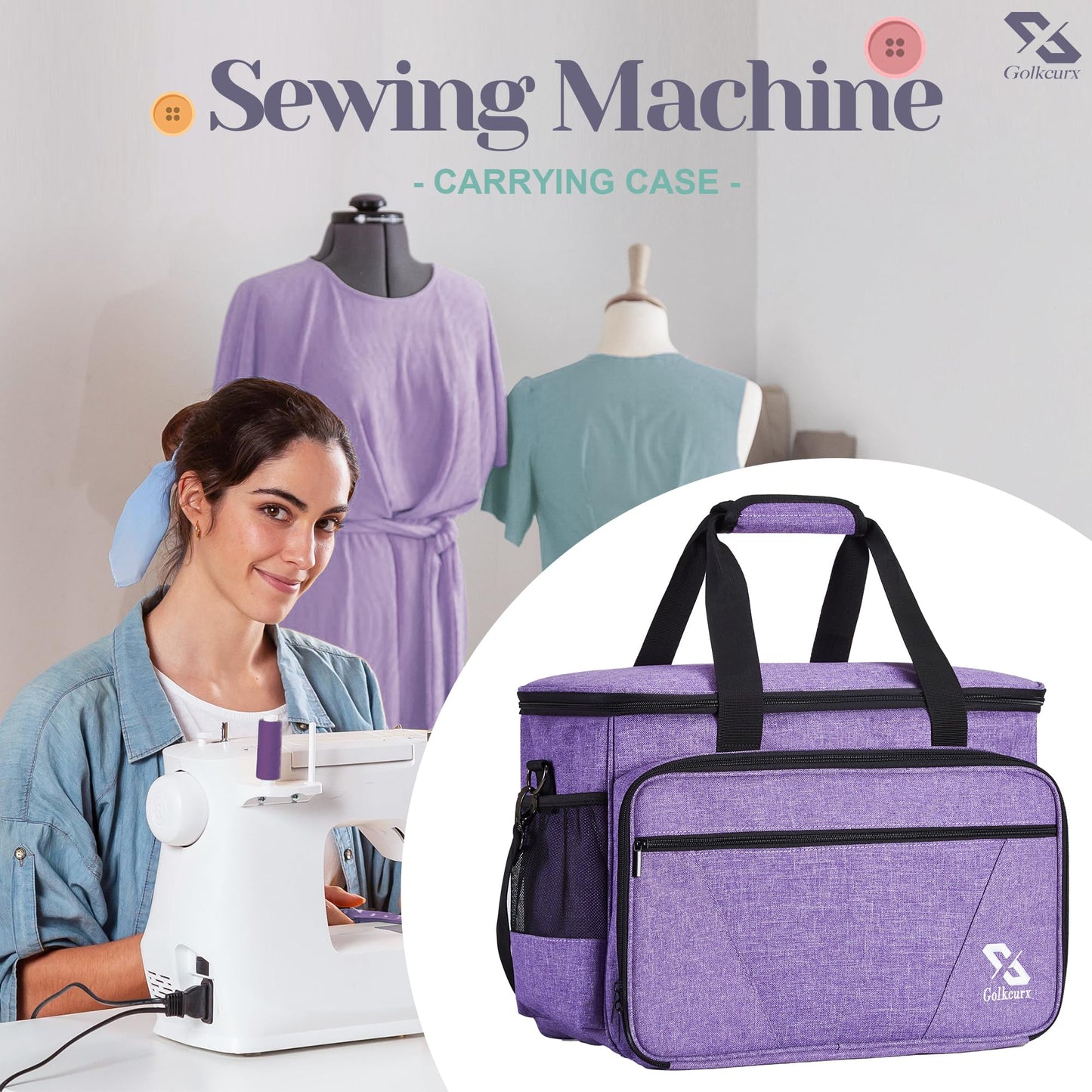 Golkcurx Sewing Machine Carrying Case with Removable Bottom Pad, Side Pocket for Sewing Kit Storage and Adjustable Shoulder Strap, Universal Sewing Machine Bag Fits Standard Singer, Brother, Janome