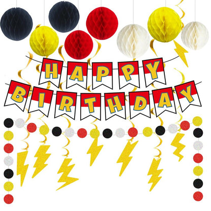 Cartoon Animation Birthday Party Decorations, Party Supplies Birthday Banner, Honeycomb Balls, Gold Theme Hanging Swirls, Circle Dots Garland, for Boys and Girls