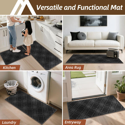 COSY HOMEER Kitchen Rugs and Mats Sets 2PCS Non-Slip Soft Kitchen Mats for Floor Absorbent and Stain Resistant Kitchen Floor Mat Washable Plaid Rugs for Kitchen,20"x32"+20"x48",Dark Grey