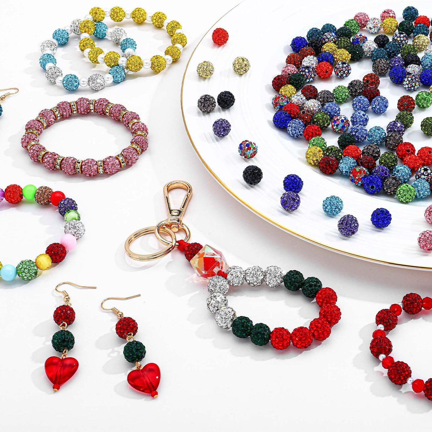 MINIMISSMIANYC 100PCS Rhinestone Beads Jewelry Making kit，10mm Crystal Color Round Sparkle Clay Beads Disco Ball Bulk Baseball Necklace Bracelets Earrings Keychain Bag Charm DIY Crafts