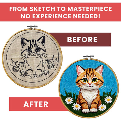 Eflin Punch Needle Kits Adults Beginner - Needlepoint Kits for Adults, Cute Cat & Daisy Pattern, Natural Bamboo Hoop, Yarns, Tools, Craft Kits for Beginners, Rare Gift for Crafts, Decors, Festivals