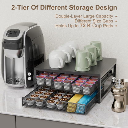 Coffee Pod Holder For Counter, 3 Pull-Out 72 K-Cup Holder Drawer, Wooden Cafe Pods Storage Organizer with Sliding Drawers for Coffee Station, Home, Kitchen, Office, Dorm (Black)