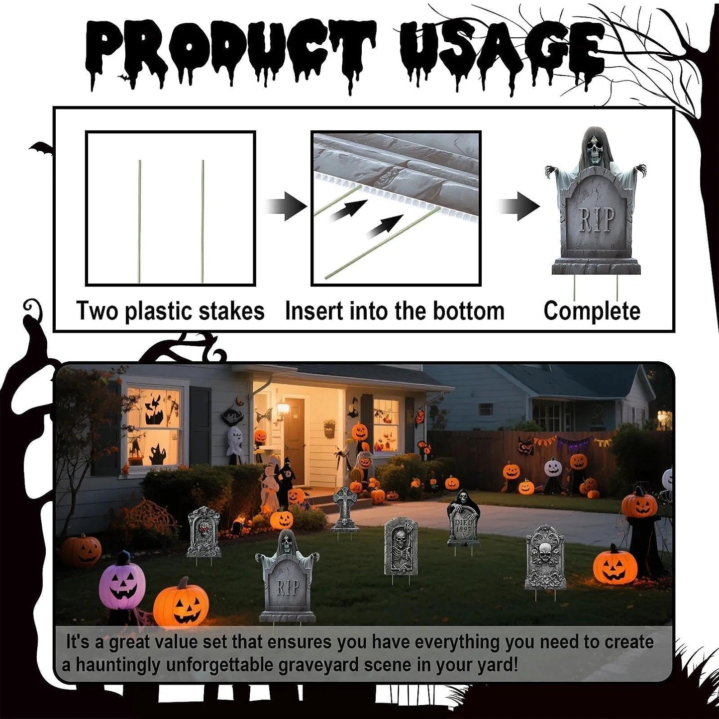 Heyigrow Halloween Death Tombstone Yard Signs, 6 Pcs Spooky Skeleton Skull Outdoor Decoration for Lawn Cemetery Graveyard