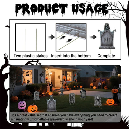 Heyigrow Halloween Death Tombstone Yard Signs, 6 Pcs Spooky Skeleton Skull Outdoor Decoration for Lawn Cemetery Graveyard