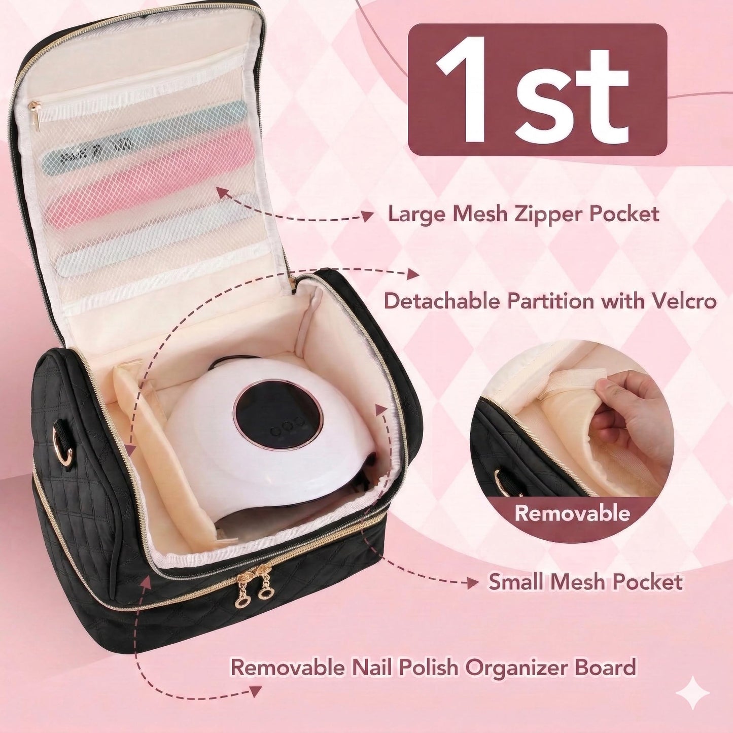 BAGCRAZY Nail Polish Organizer Case, Double Layer Nail Supplies Storage Bag holds 24 Bottles & UV/LED Lamp, Quilted Portable Manicure Travel Case with 8 Pcs Tools, for Nail Tech, Home & Salon, Black
