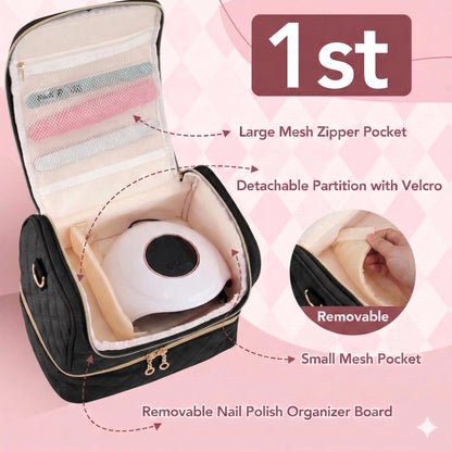 BAGCRAZY Nail Polish Organizer Case, Double Layer Nail Supplies Storage Bag holds 24 Bottles & UV/LED Lamp, Quilted Portable Manicure Travel Case with 8 Pcs Tools, for Nail Tech, Home & Salon, Black