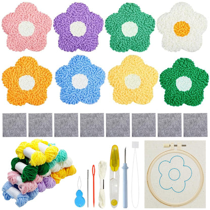 Allazone 8 PCS Punch Needle Coasters Kit, Flower Embroidery Punch Needle Kits, Punch Embroidery Kit with Felt Yarns Hoop Tools for DIY Crafts