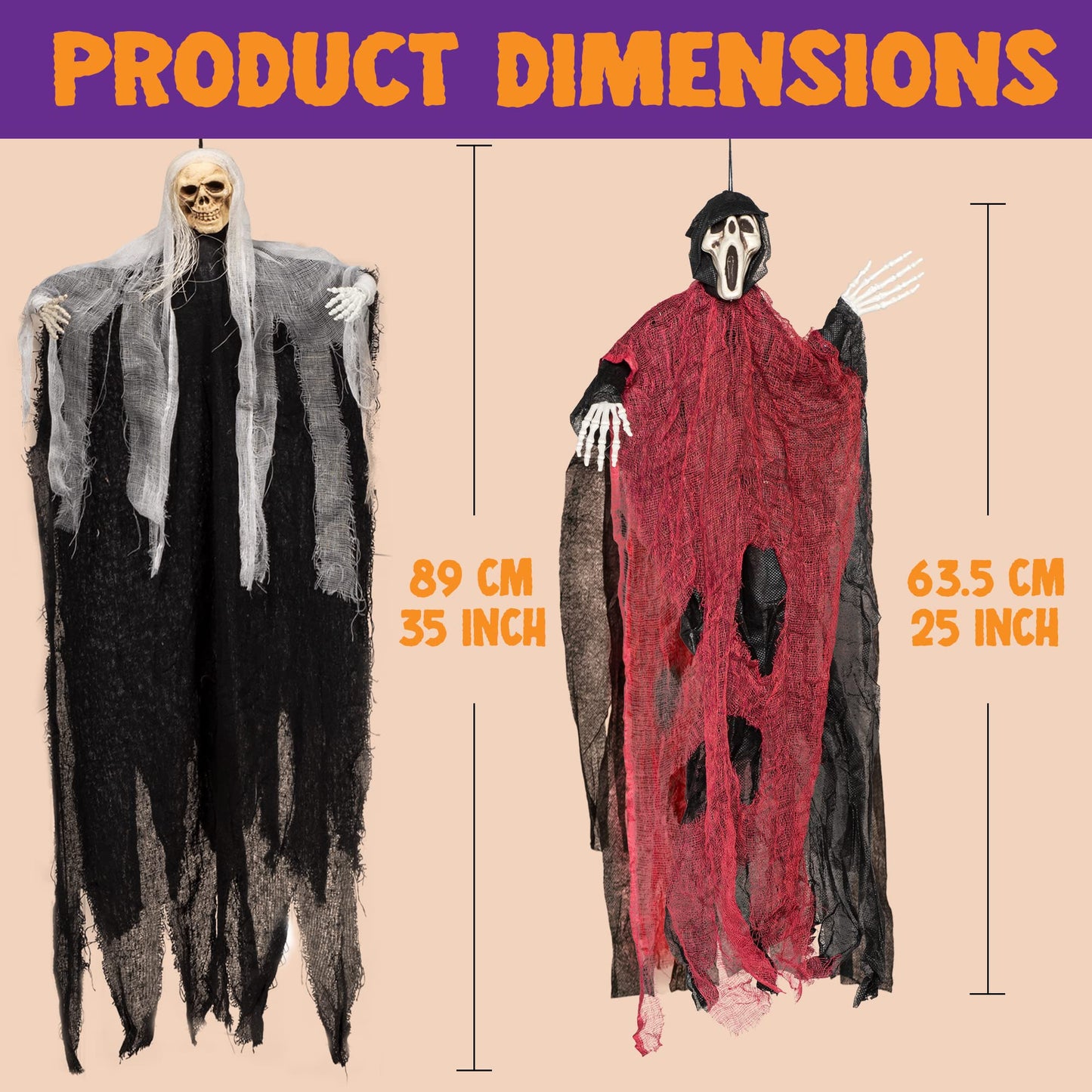 JOYIN 3 Pack Hanging Skeleton Ghost Halloween Decorations,Grim Reapers for Halloween Outdoor Decorations(One 35" Hanging Ghost Skeleton and Two 25" Hanging Reapers)