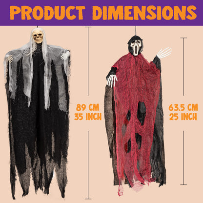 JOYIN 3 Pack Hanging Skeleton Ghost Halloween Decorations,Grim Reapers for Halloween Outdoor Decorations(One 35" Hanging Ghost Skeleton and Two 25" Hanging Reapers)
