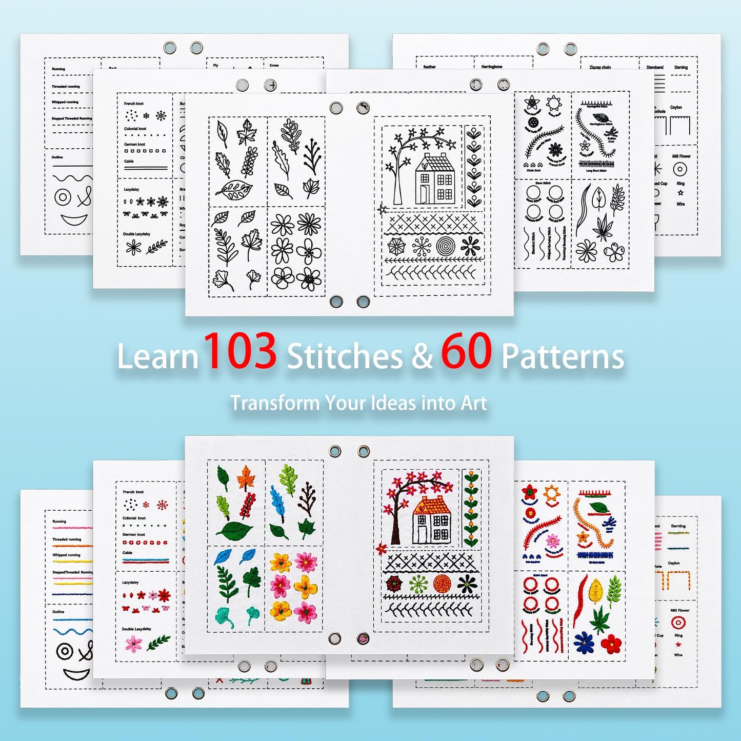 2026 Upgraded Embroidery Stitch Book Kit with 8.27"x10.65" Portable Loose-Leaf Cover, 103 Stitches & 60 Patterns, All-in-One Hand Embroidery Kit for Beginners with Tools & Step-by-Step Video Tutorials