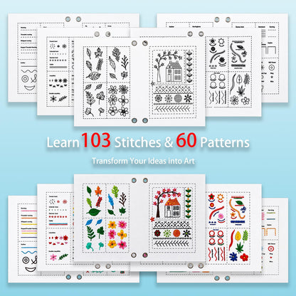 2026 Upgraded Embroidery Stitch Book Kit with 8.27"x10.65" Portable Loose-Leaf Cover, 103 Stitches & 60 Patterns, All-in-One Hand Embroidery Kit for Beginners with Tools & Step-by-Step Video Tutorials