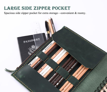 Fasjosma Leather Sketchbook Cover for A5/5.5"x8.5" sketch pads - Handmade Genuine Leather Artist Case with Pencil Holder & Zipper Pocket, Professional Drawing Supplies(Green, 5.5"x8.5")