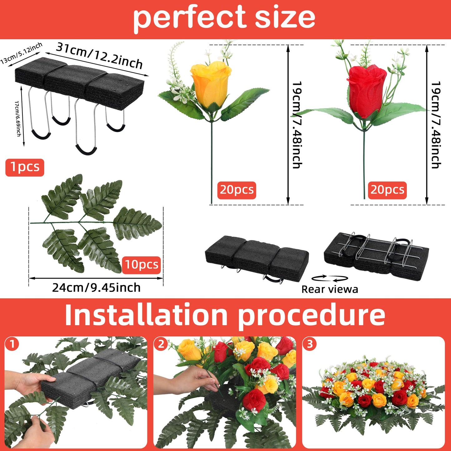 Lodou Artificial Cemetery Flower Saddles for Graves – 10 Pcs Silk Fern & 40 Realistic Rose Blossoms with Metal Headstone Holder –Resistant Memorial Flowers for Tombstone Decor (Red Yellow)