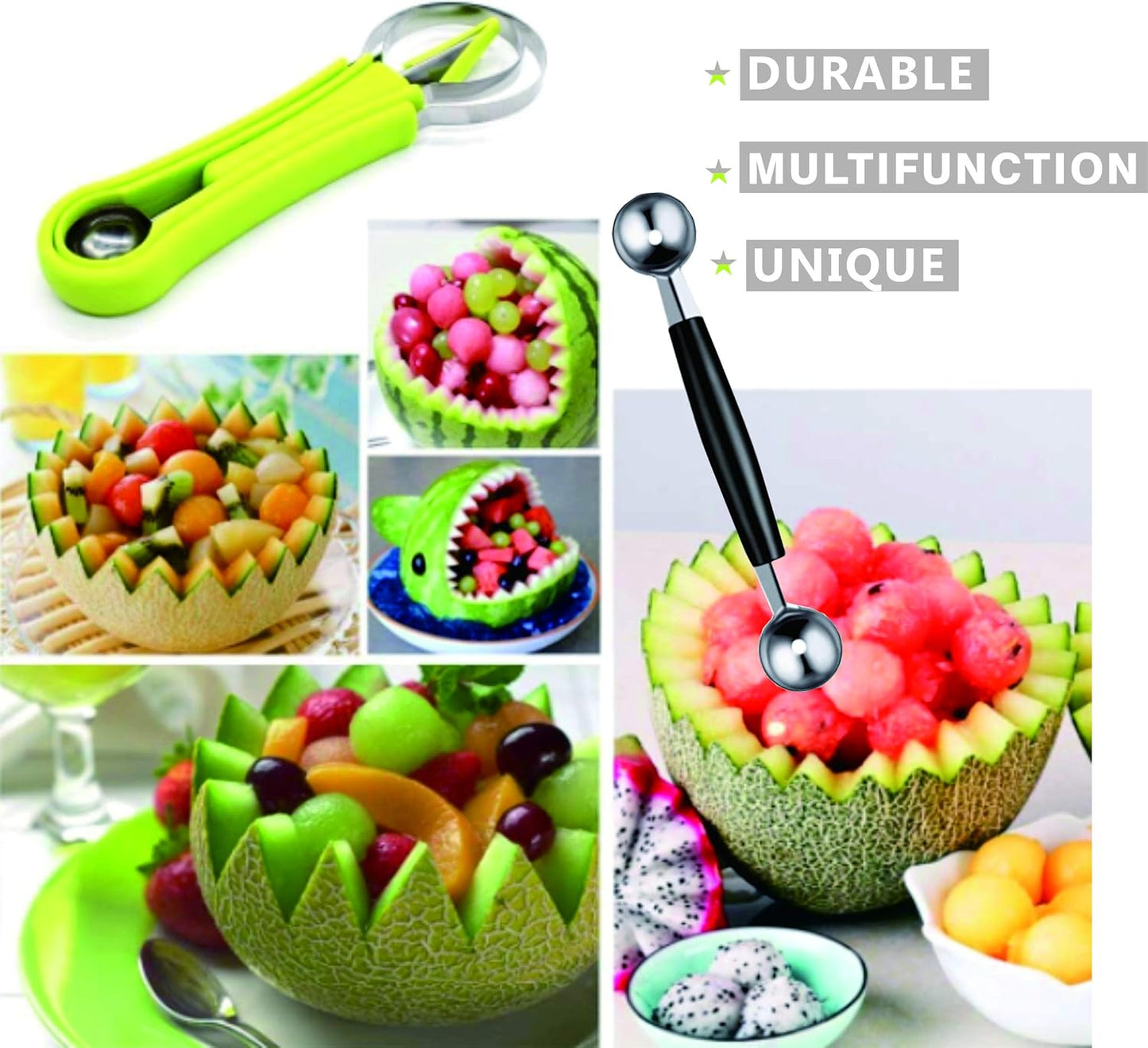DIANCHU 2 Pieces Melon Baller Scoop Set - 4 In 1 Stainless Steel Fruit Tool Set for Melon Baller, Carving Knife, Seed