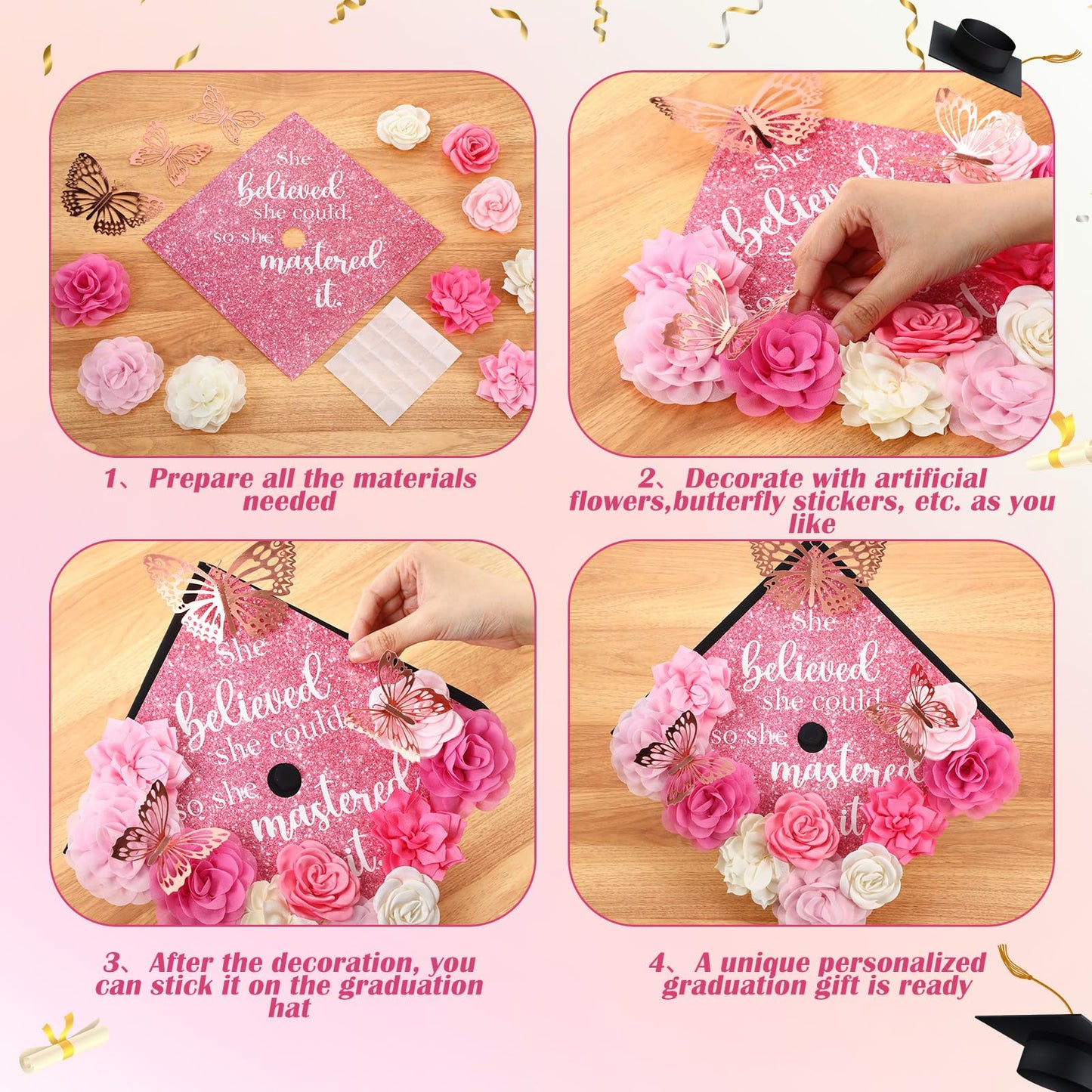 Gersoniel 34 Pcs DIY Graduation Cap Decorations Kit Included Artificial Flowers Inspirational Cardstock 3D Butterfly Alphabet Letter Stickers for 2026 Grad Party DIY Hat Grad Cap Topper(Pink)