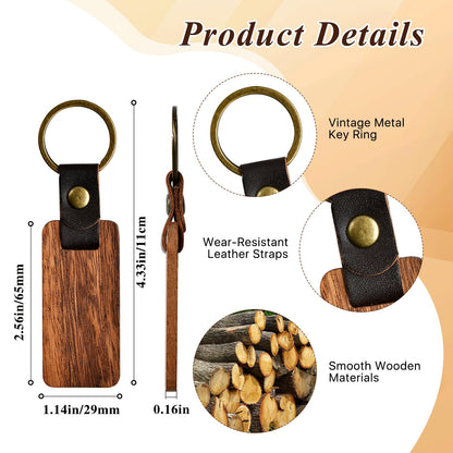 Aemygo 50 Pcs Leather Wood Keychain Blank, Wooden Keychain Blanks with Leather Strap, Unfinished Wooden Keychains bulk for DIY Craft, Laser Engraving