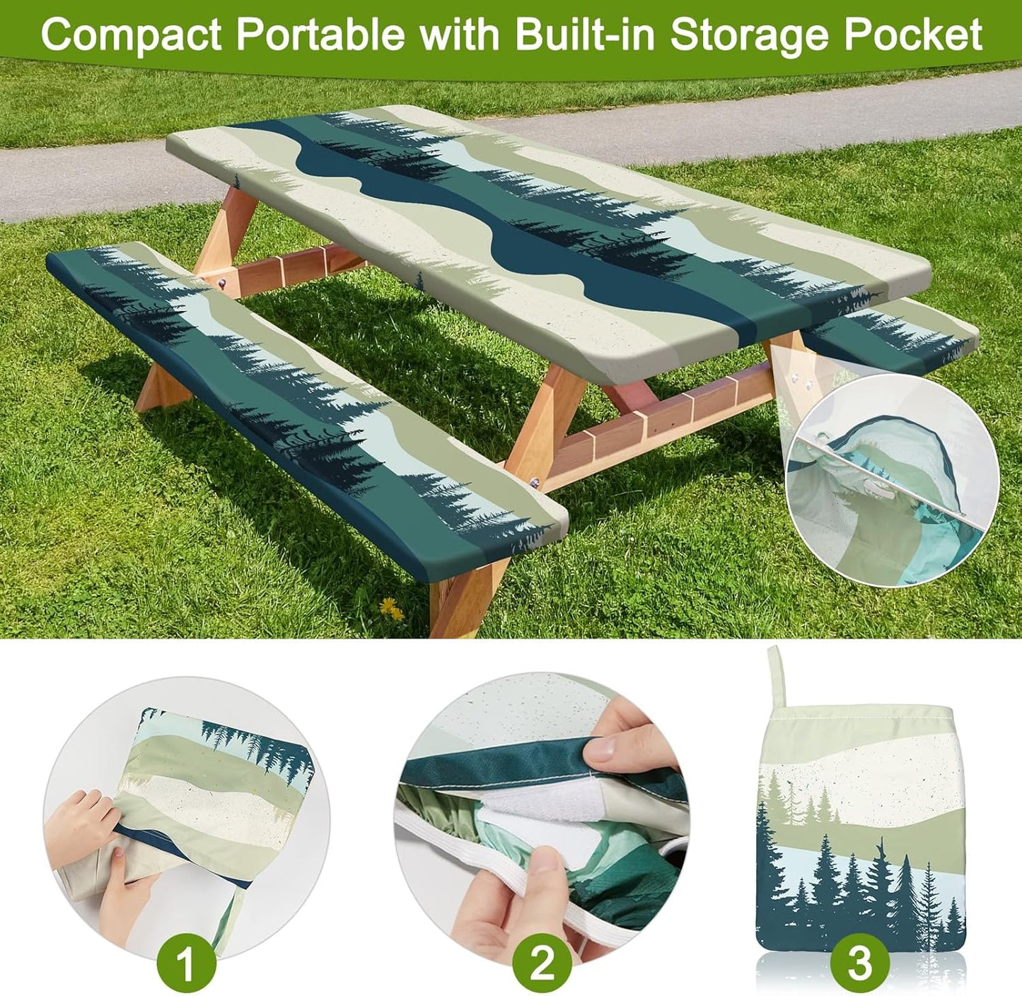 HobbLab Rv,96in,Green Picnic Table Cover with Bench Covers Portable Table Cloth Built-in Storage Pocket Fitted