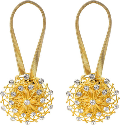 Gold Magnetic Curtain Tiebacks, 2 Pack Sparkle Crystal Flower Clips with Stretchable Wire Rope for Home Decoration