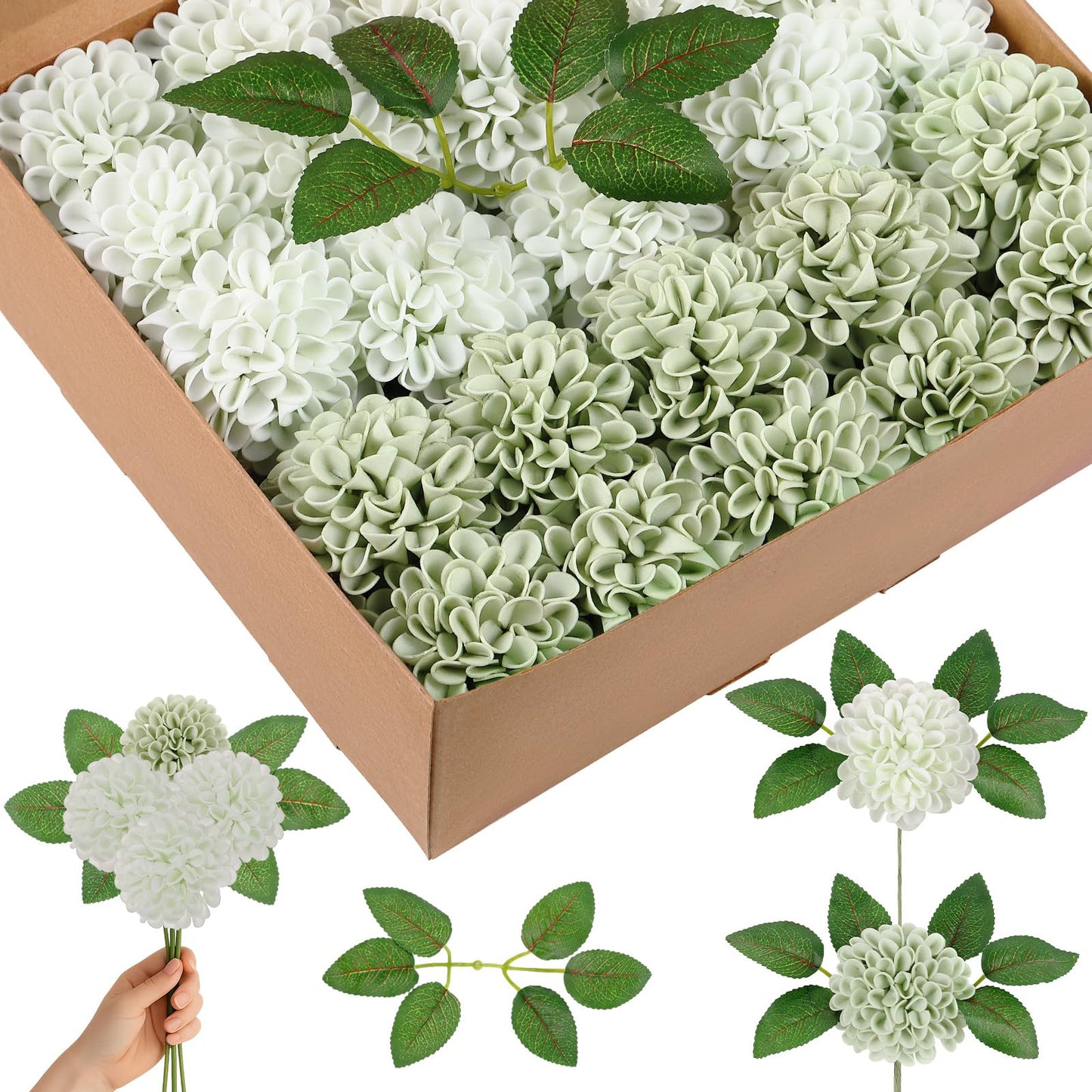 Giegxin 50 Pcs Sage Green Artificial Flowers with Stem for DIY Wedding Bouquets Centerpieces Arrangements, Green and White Dahlia Flowers for Bridal Shower Party Home Decorations, 3.15 Inches
