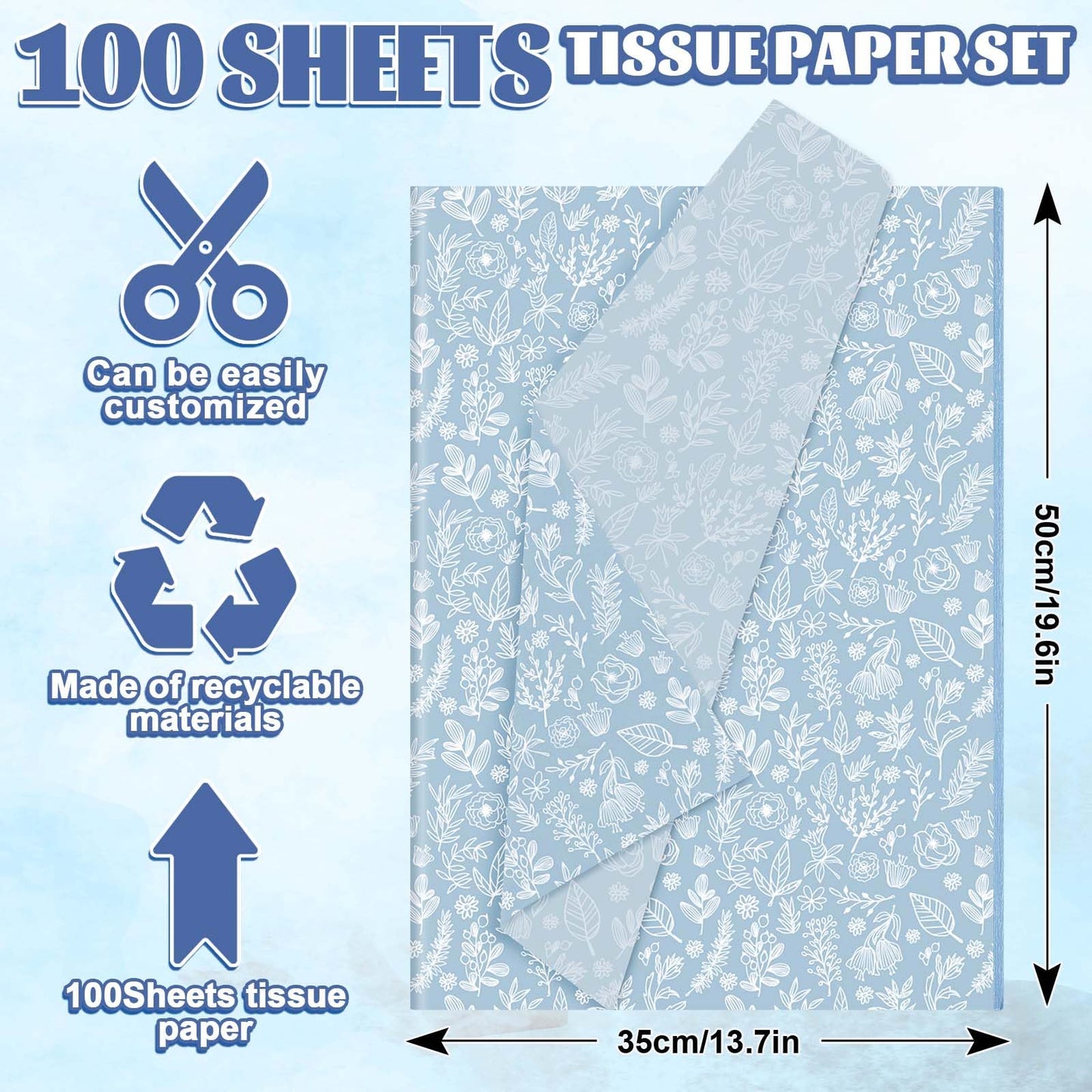 Generic 100 Sheets Dusty Blue Wildflower Tissue Paper Floral Gift Decorative Wrapping Paper Botanical Flower DIY Art Craft Tissue for Packaging Spring Wedding Birthday, 13.7 x 19.6 in