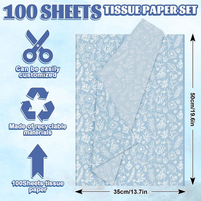 Generic 100 Sheets Dusty Blue Wildflower Tissue Paper Floral Gift Decorative Wrapping Paper Botanical Flower DIY Art Craft Tissue for Packaging Spring Wedding Birthday, 13.7 x 19.6 in