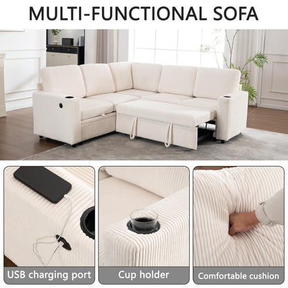 KEIKI 83" 4Seat Modular Sectional Sleeper Pull Out Bed Corduroy Sofa Couch with Chaise Storage Reversible USB Cup Holders for Modern Home Home Office Family Friendly Refined Design White