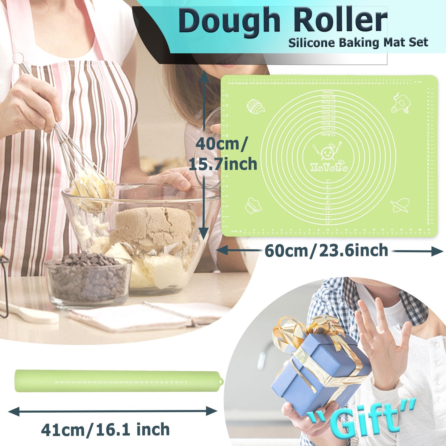 Rolling Pin Silicone Baking Pastry Mat Set,Pizza Dough Roller Baking Mat for Rolling Dough Non Slip Extra Large with Measure,Kitchen Counter Mat for Pie,Crust,Cookies,Bread,Pastries,Pasta, 15.7" x 24"