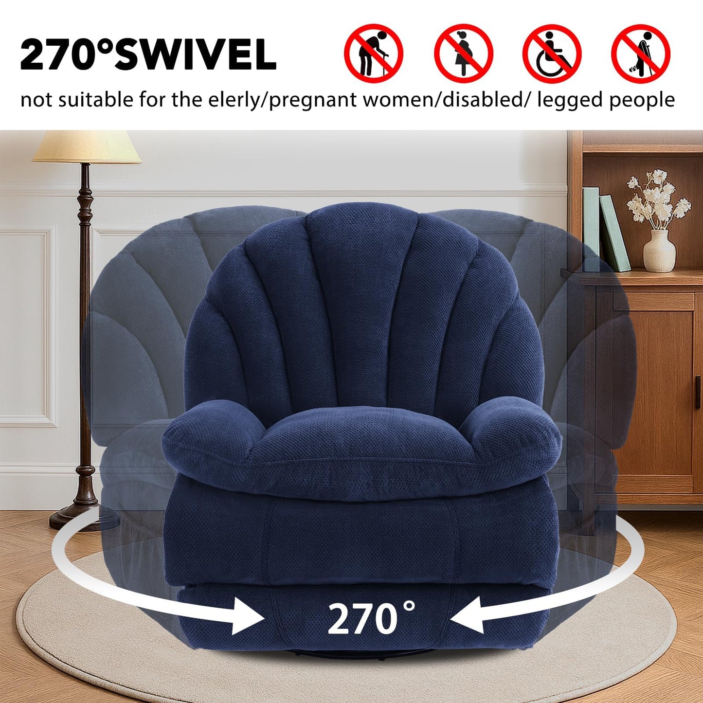 EONIX Dual Motor Power Swivel Rocking Recliner Chair for Living Room, Armless Oversized Shell Shape Lazy Boy Rocker Recliner, Plush Fabric Thickened Cushion, Elevated Soft and Comfort, Navy Blue