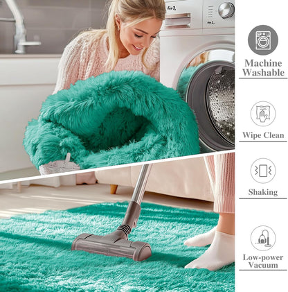 OLANLY Soft Fluffy Shaggy Bedside Rug - Machine Washable Indoor Carpet for Kids | Teal Green, 2x3 ft