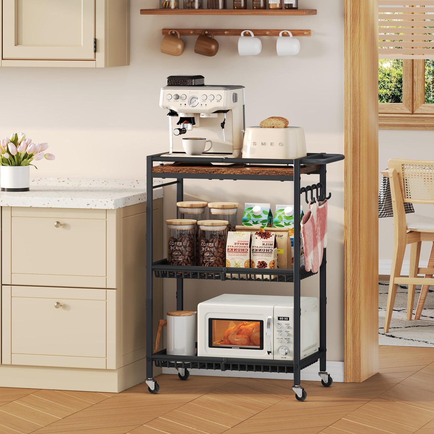 Microwave Kitchen Cart with Push Handle, 3 Tier Rolling Cart with 2 Lockable Wheels, Vintage Kitchen Storage Cart with 210Lbs Capacity for Kitchen Island, Restaurant, Coffee Bar, Living Room, Office
