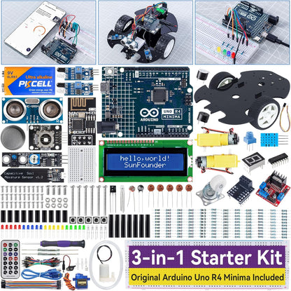 SunFounder Ultimate Starter Kit with Original Arduino Uno R4 Minima, 3 in 1 IoT/Smart Car/Basic Kit with Online Tutorials, for Beginners to Enthusiasts (Original Arduino Uno R4 Minima Included)