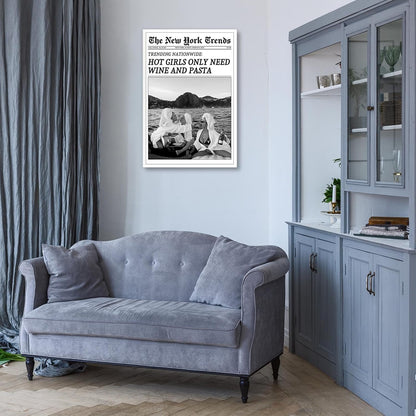 FBKDVC 24x36in Vintage Trendy Black And White Newspaper Print Poster Retro Times Canvas Wall Art Funky Hot Girls Eating