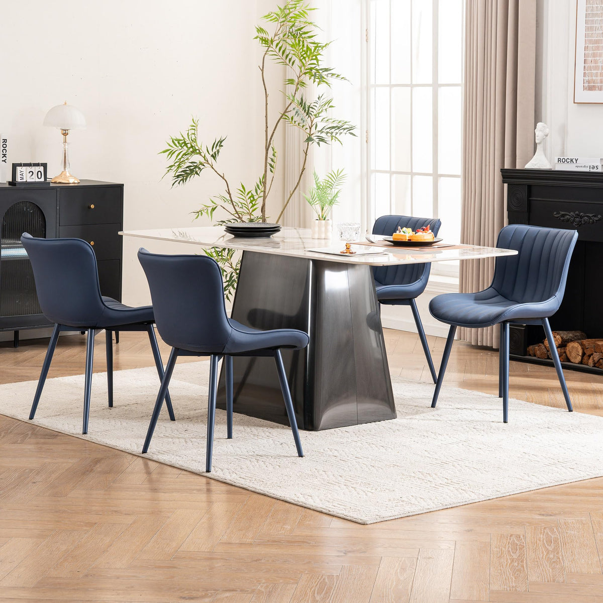 YOUNUOKE Mid-Century Modern Dining Chairs Set of 2, Navy Blue PU Leather Upholstered Kitchen Chairs with Navy Blue Metal Legs, Armless Accent Chair for Dining Room, Guest Reception Room