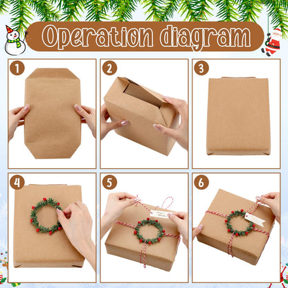 Spakon 73 Pcs Kraft Christmas Wrapping Paper Set, 15.7 in x 65.6 ft Brown Vintage Wrapping Paper with Red Berry Wreath Label Adhesive Tape for Christmas Handmade DIY Craft