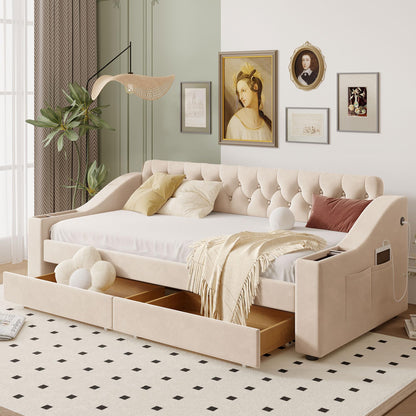 Merax Twin Size Upholstered Daybed with Storage Armrests, Wooden Sofa Bed Frame with 2 Drawers and USB Port, Beige