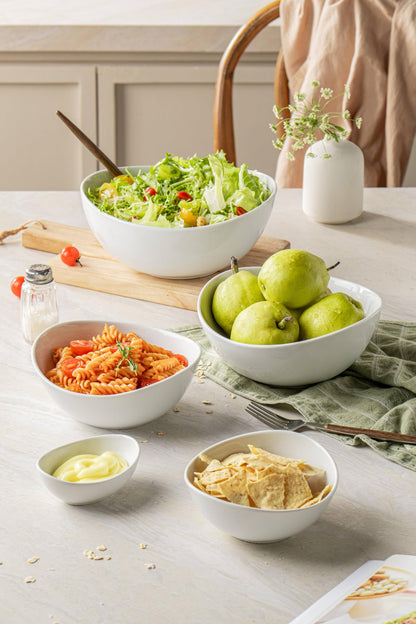 Familywood Porcelain Serving Bowls set for Entertaining, 3-11-20-32-50 Ounce, Scratch Resistant, 5 Piece Serving Bowl Set, Prep Salad Bowls for Christmas Thanksgiving, Dishwasher Safe, Pure White