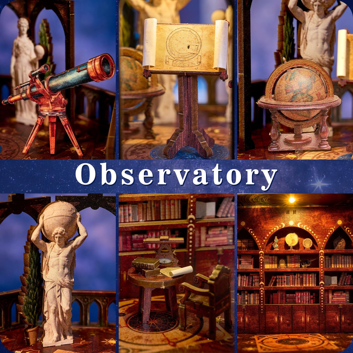 TOYQI Book Nook Mini House Kit, DIY Miniature Dollhouse Booknook for Adults, 3D Wooden Puzzle Bookend Bookshelf Insert Decor, Tiny Stargazing Tower Observatory, Gift for Family and Friends