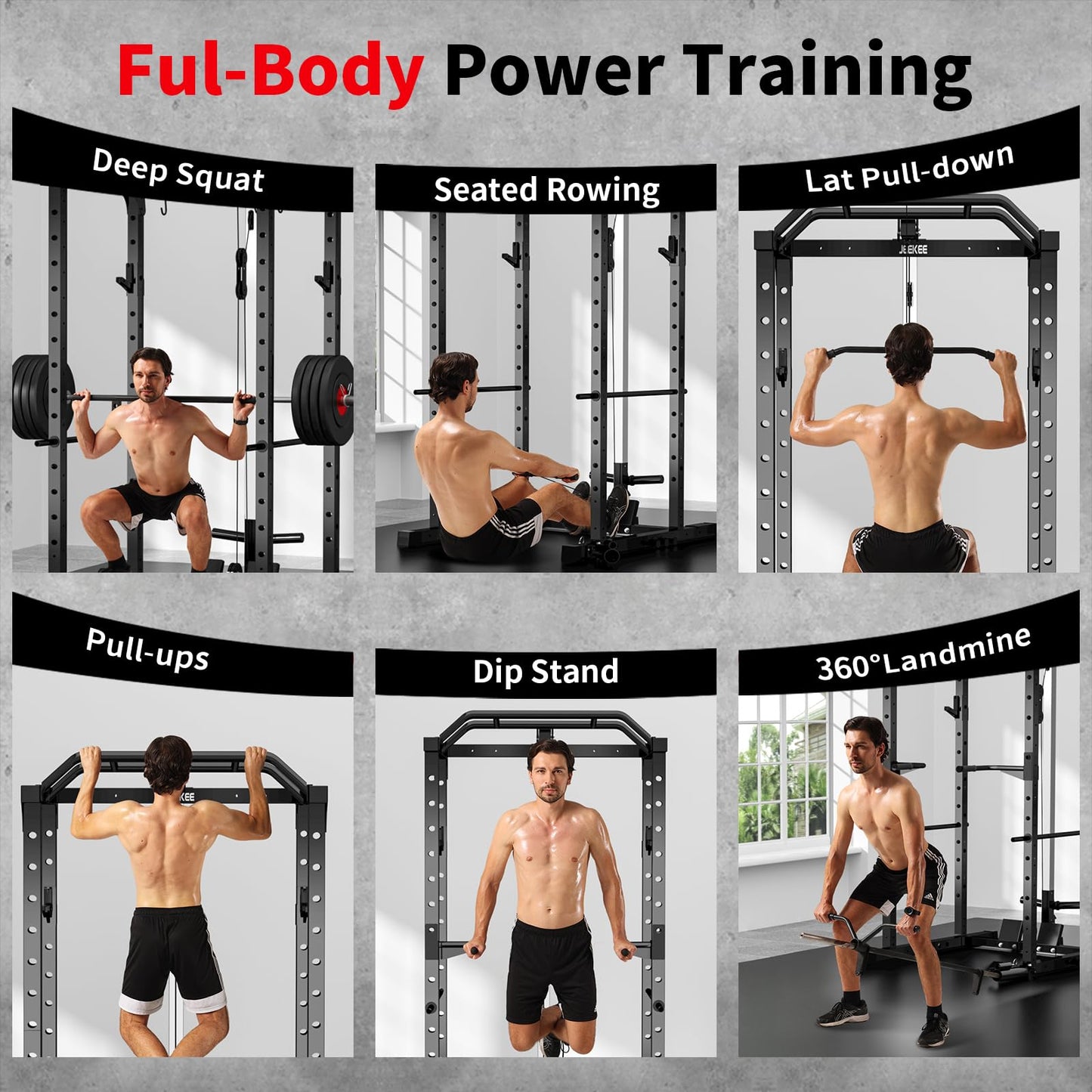 JEEKEE Power Rack with LAT Pulldown, 2000LBS Power Cage with Cable System, Multi-Function Squat Rack with J-Hooks, Safety Bars, Landmine, Pull Up Bar & Attachments for Home Gym Strength Training,Black