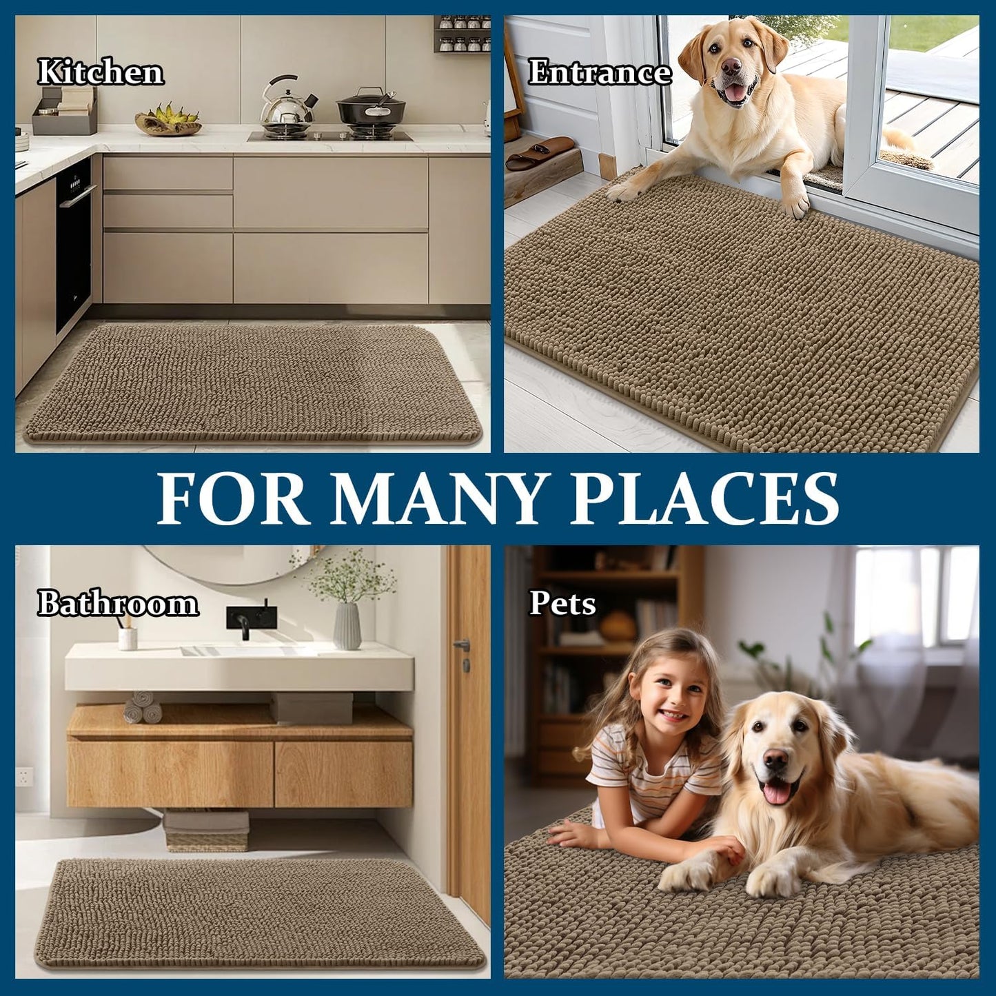 OLANLY Dog Door Mat - Absorbent Non-Slip Chenille for Muddy Paws | 44x24 Tan Indoor Entryway Carpet