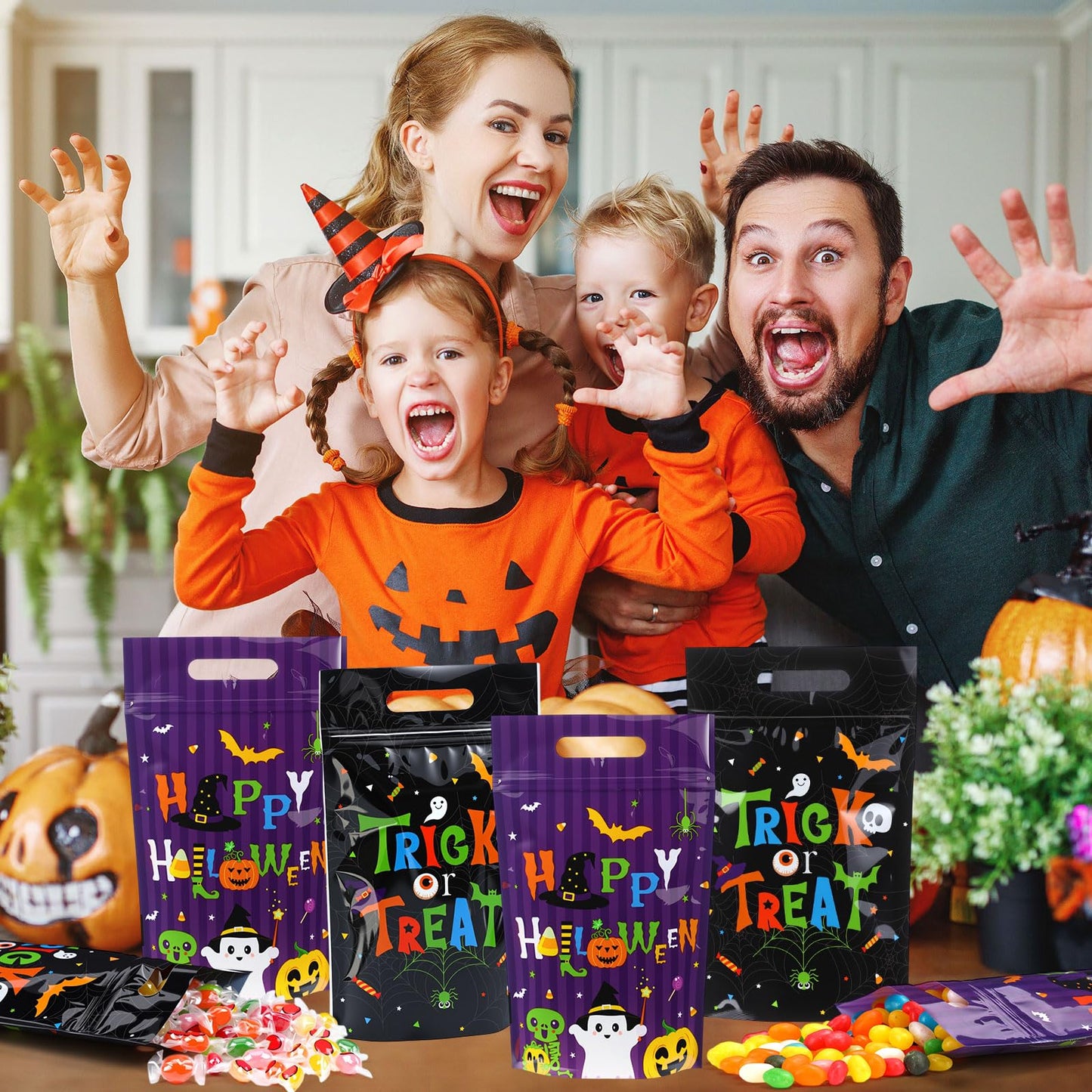 Pajean 50 Pcs Halloween Goodie Bags with Zipper Resealable Plastic Trick or Treat Candy Gift Bags Cute Ghost Pumpkin Skeletons Sealing Pouches for Halloween Party Favors Wrapping Supplies Decorations